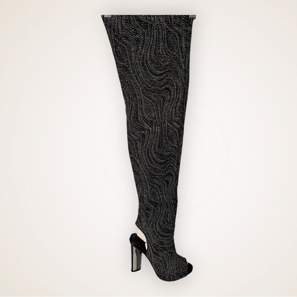 Bamboo Sunlight  -02XS Over the Knee Peep Toe Block Heal Boot Black Glitter